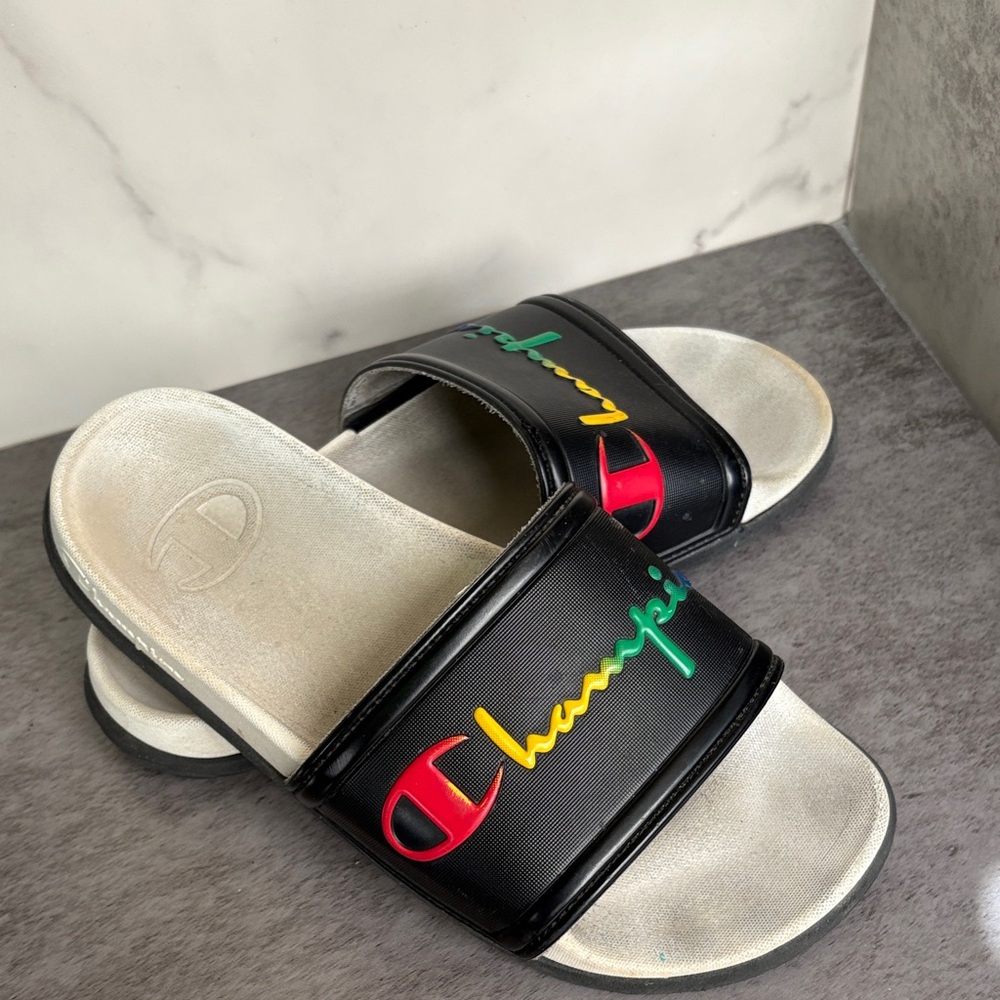 Champion Black Slides with Multicolor Logo